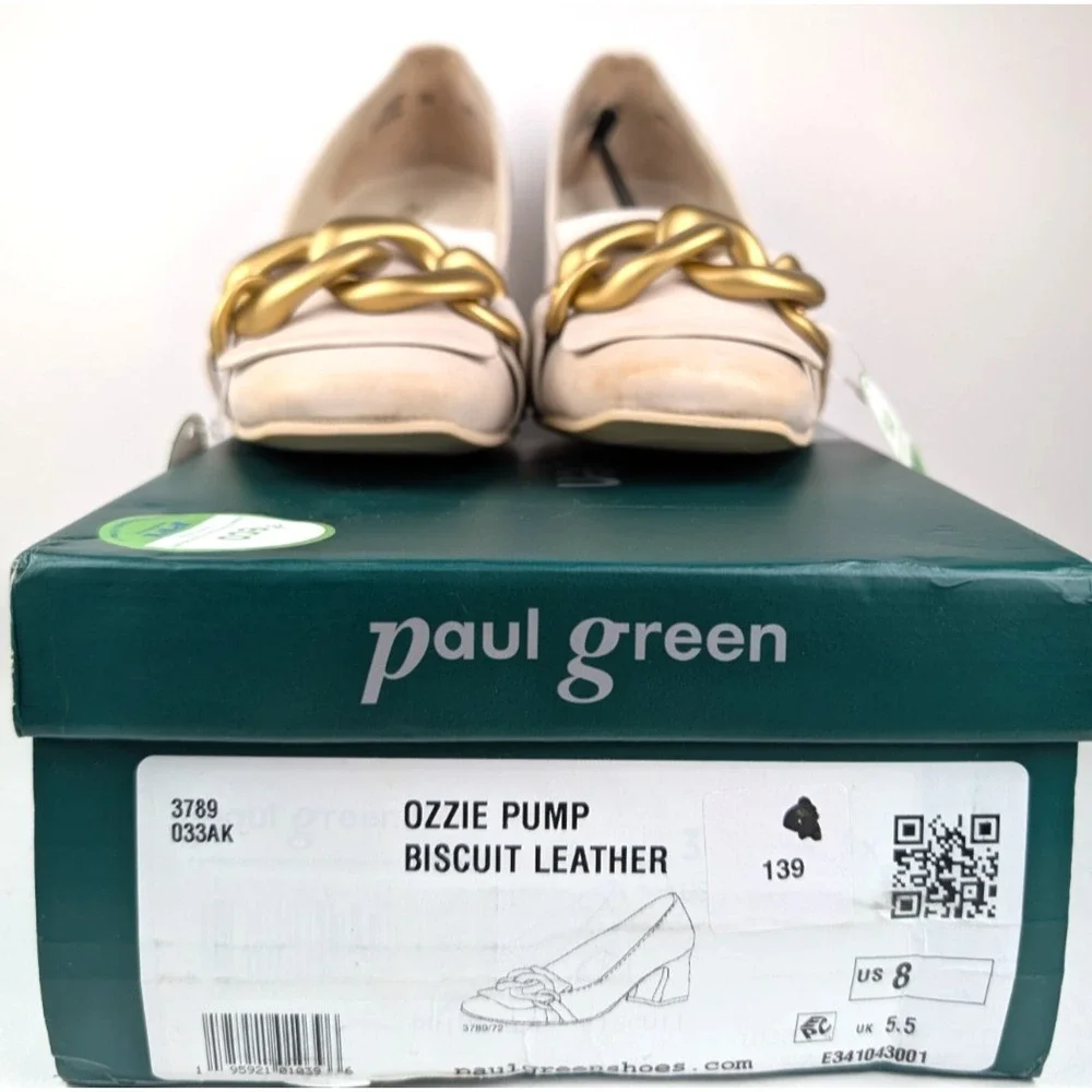 Paul Green Ozzie Pump Heel Biscuit Leather Beige‎ Gold Chain 8 US / 5.5 UK $420